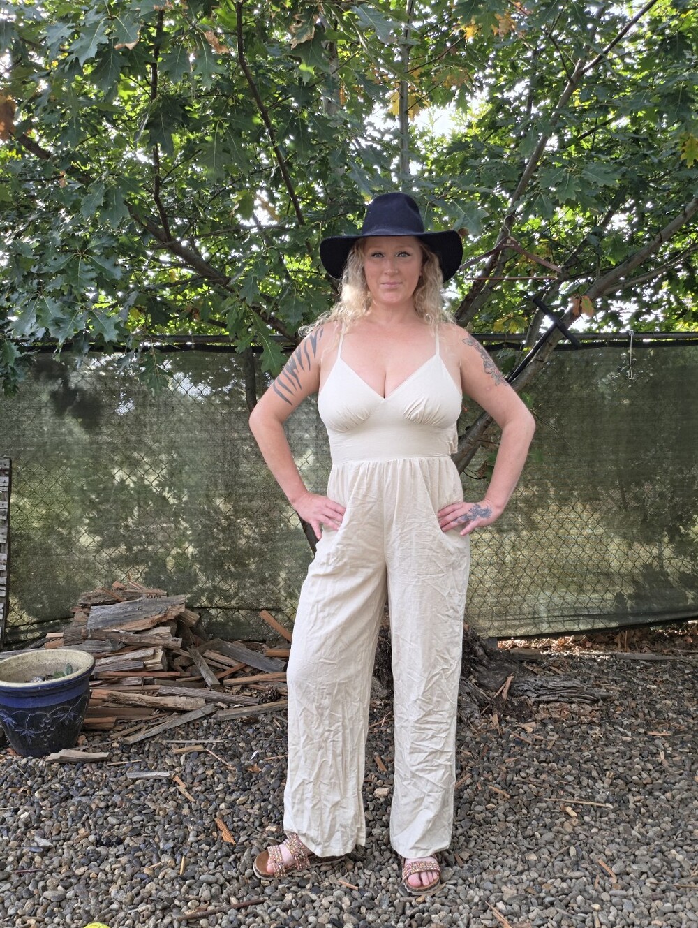 Oatmeal Tie-Back Sleeveless Linen Blend Palazzo Jumpsuit Boho Cottagecore Earthy